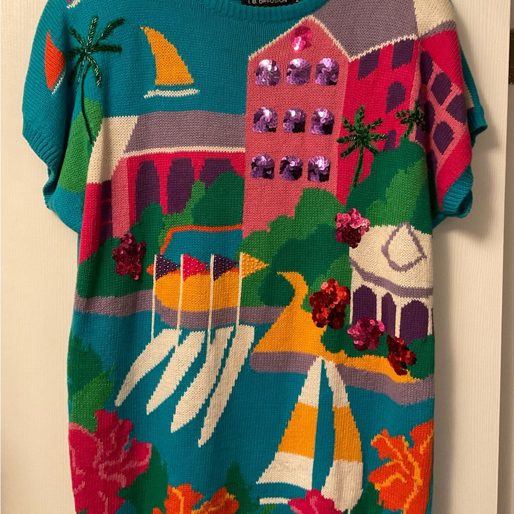 Vibrant Sequin Harbor Knit Top in Teal & Pink